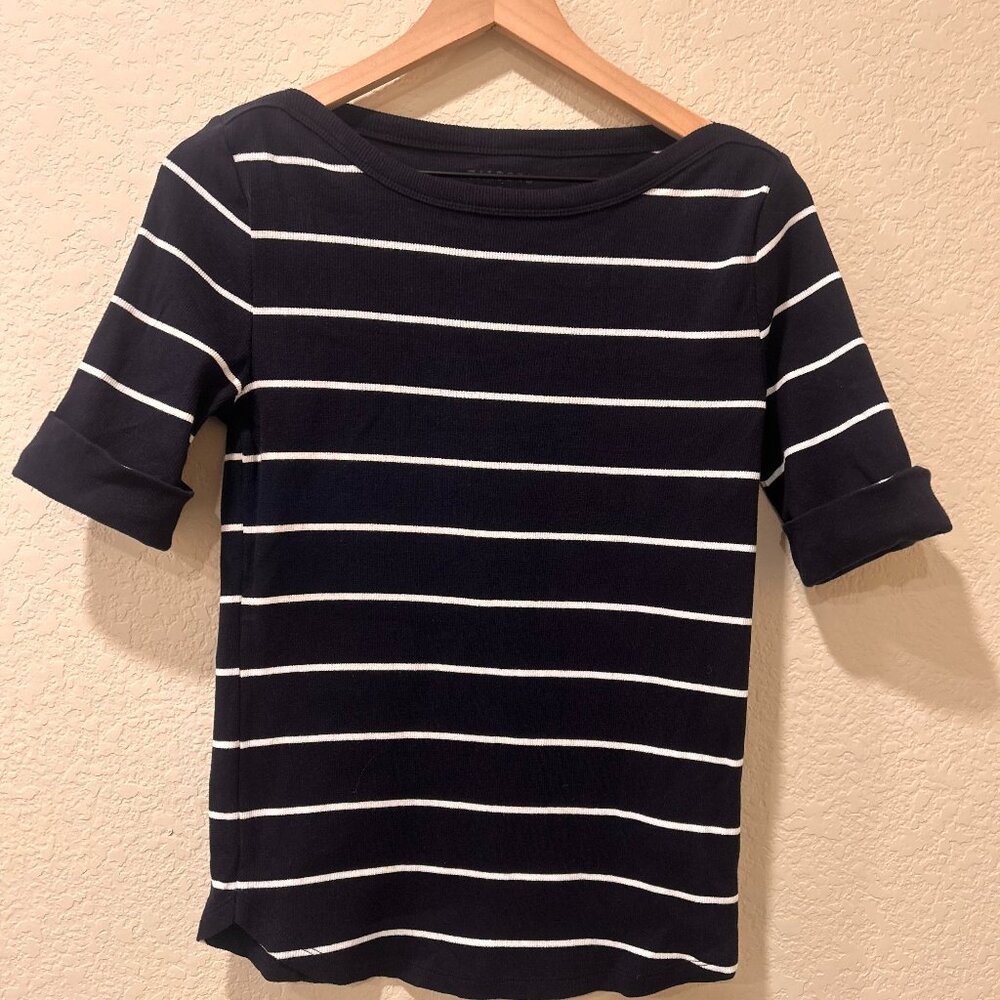 Talbots Fitted Blue and White Stripe Ribbed Boatneck Top Cuff Sleeves Medium